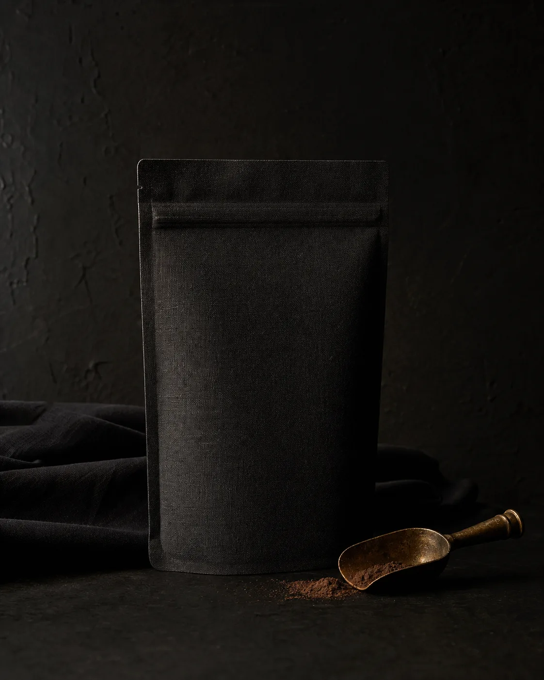 A matte black cacao pouch with an aged bronze scoop