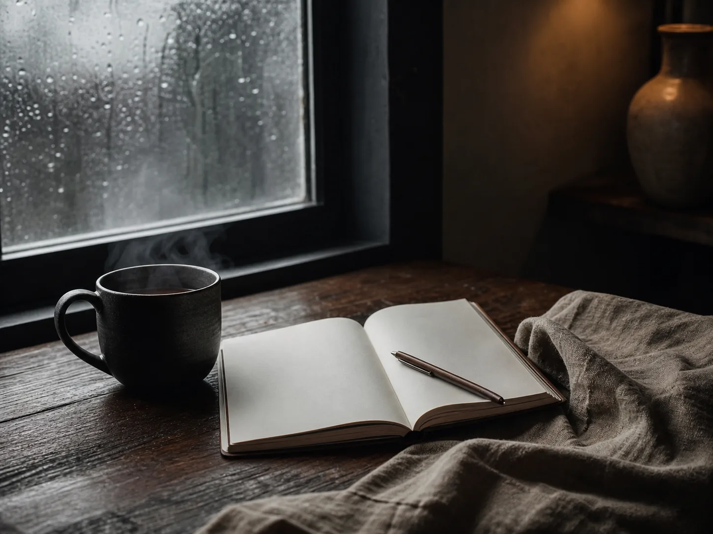 A steaming dark stoneware mug beside an open journal at a rain-streaked window