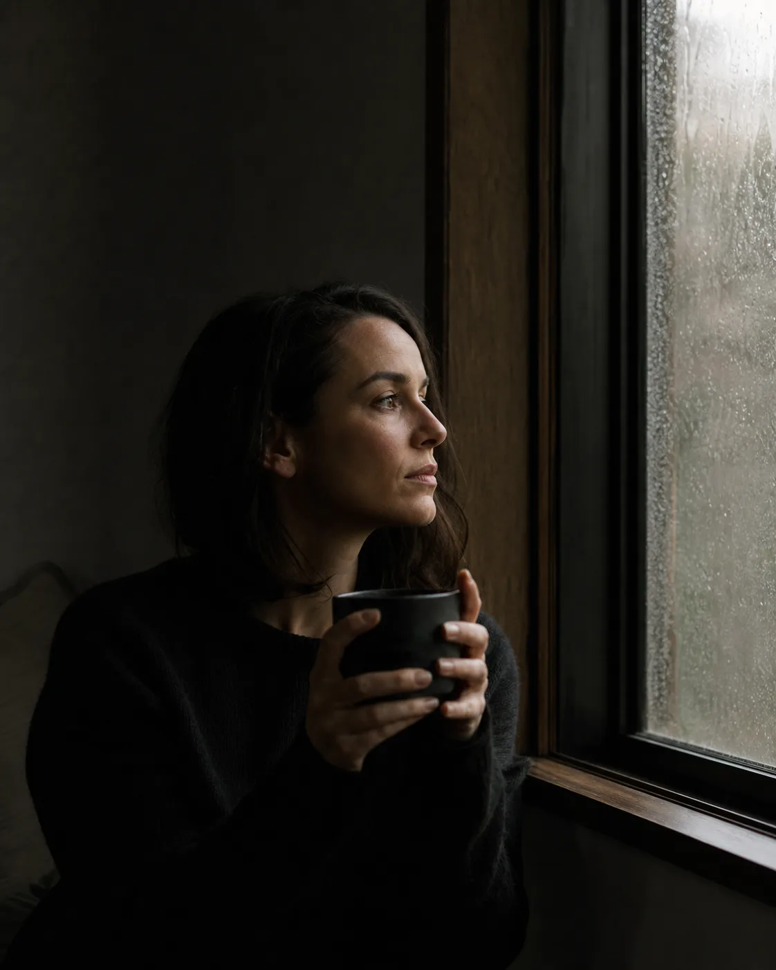 A woman holding a dark cup beside a rainy window